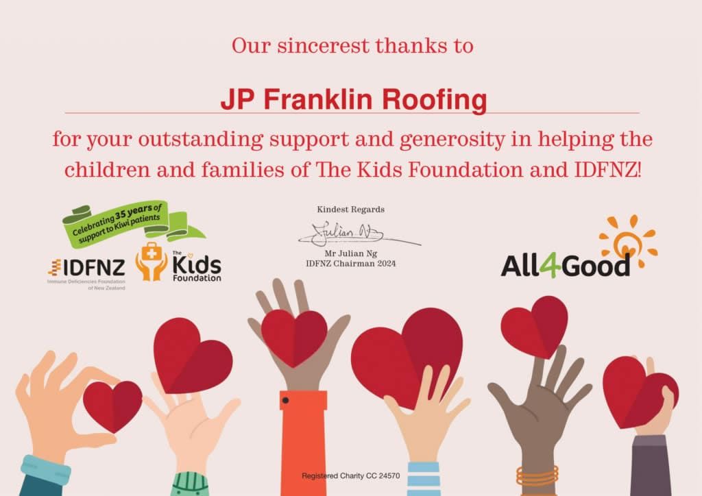 Thank-you certificate to JP Franklin Roofing from The Kids Foundation